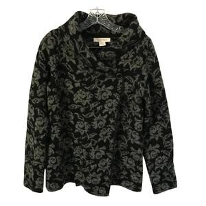 Ellen Tracy Sweater Top Medium Womens Long Sleeve Floral Gray Wood Blend Button